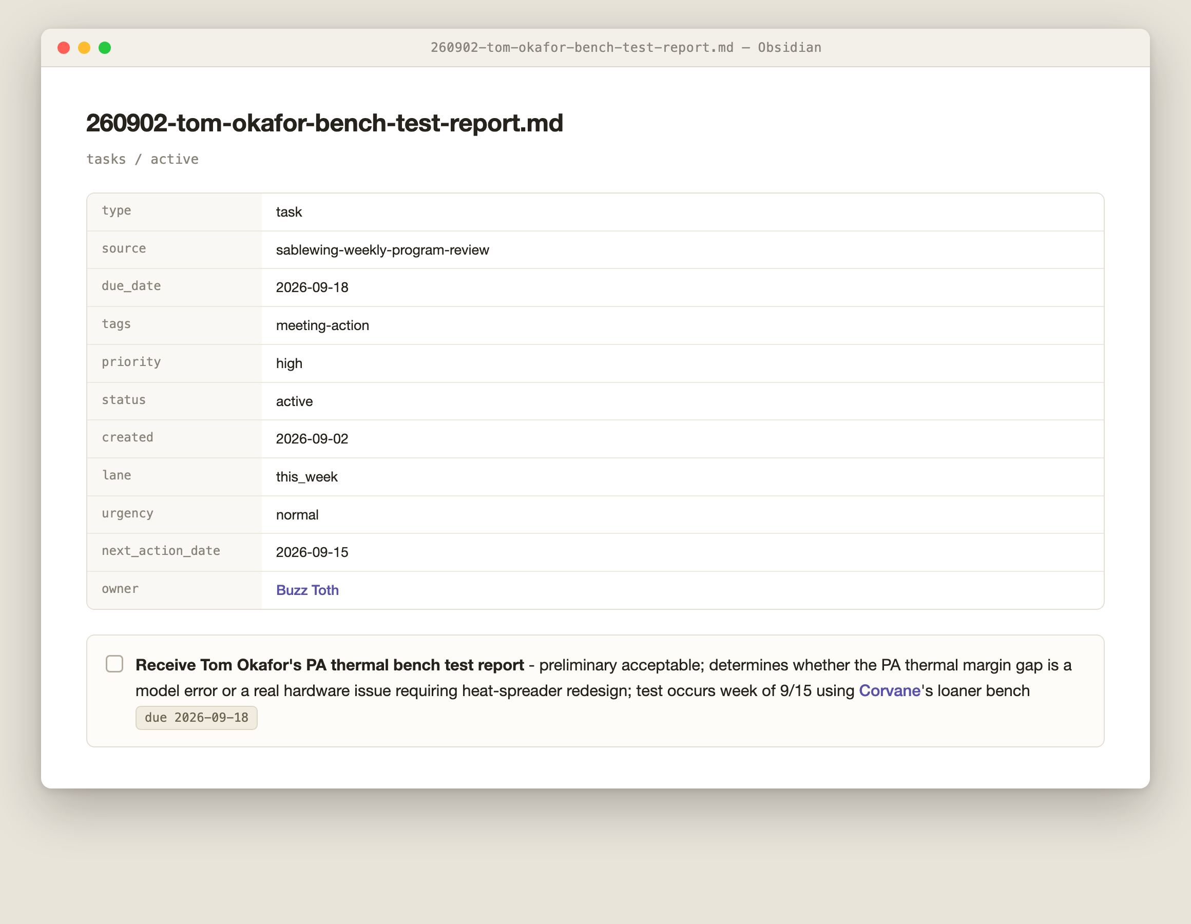 Sortie extracted action file showing owner and waiting-on semantics