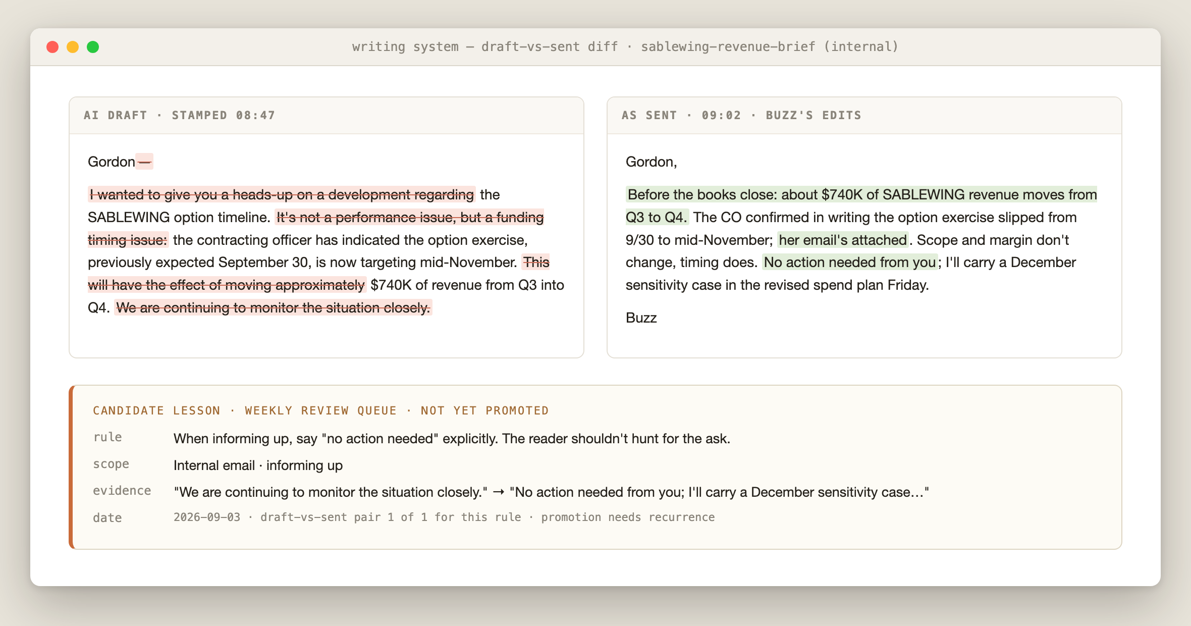 Writing System draft-versus-sent diff using synthetic content